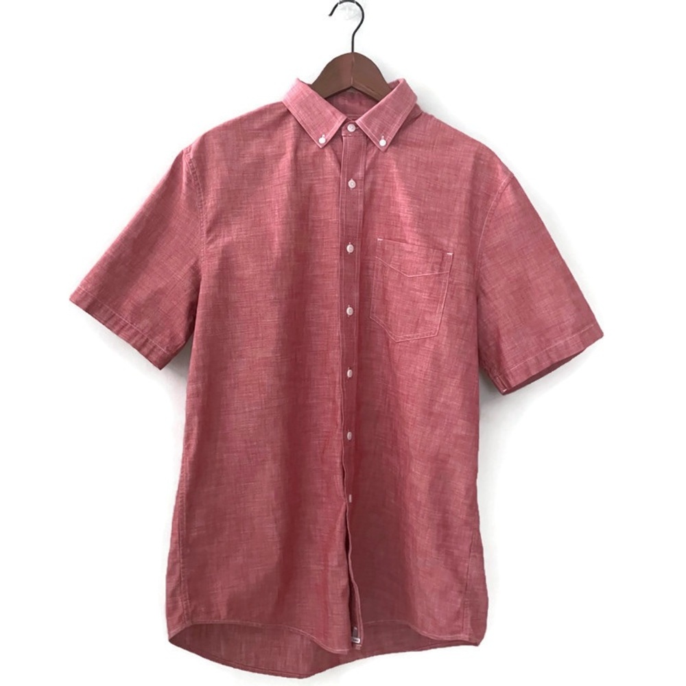 L.L. Bean Men's Casual Red Chambray Button Down Short Sleeve Cotton Shirt M Tall